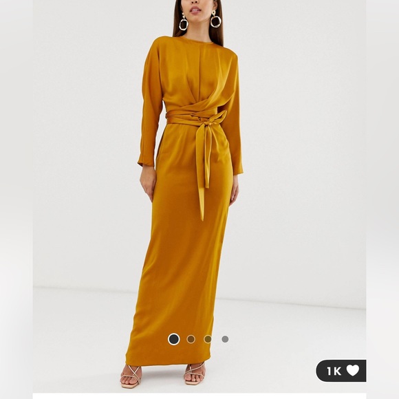 ASOS DESIGN satin maxi dress with batwing sleeve and wrap waist in mustard - Picture 3 of 7
